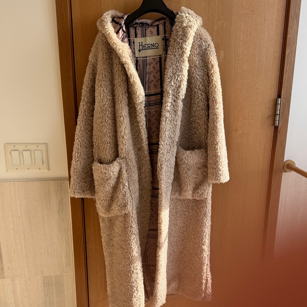 Herno Cream Teddy Coat with Hood